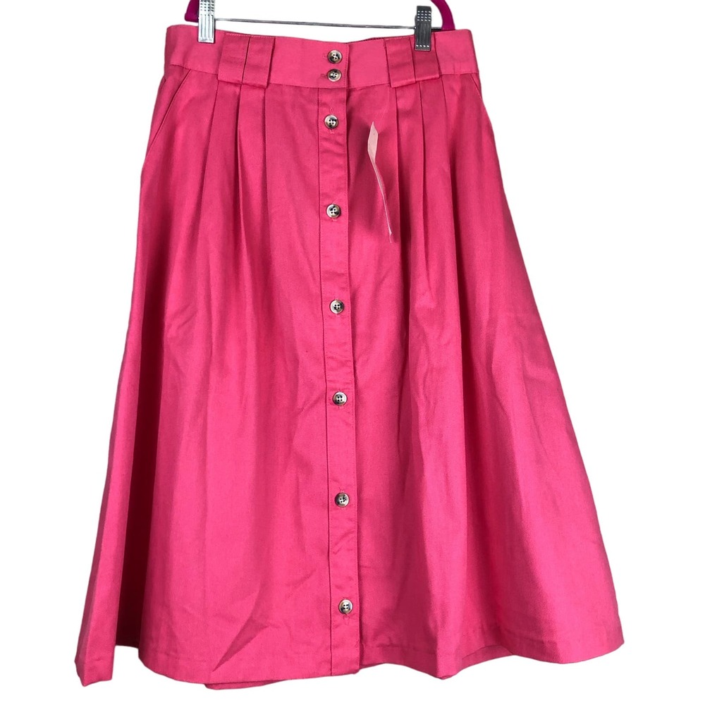 Women Vintage Skirt Sz 12 Button Front High Rise Pleated Pink Canvas Made In USA